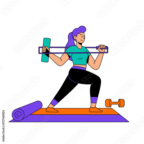 Cartoon Woman Exercising with Resistance Band and Dumbbell on Mat.