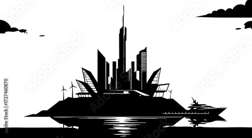 Fotografía Stunning futuristic city skyline rises from island with modern architecture and