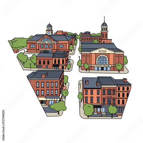 Charming cartoon illustration of a historic city neighborhood with brick buildings and iconic landmarks.