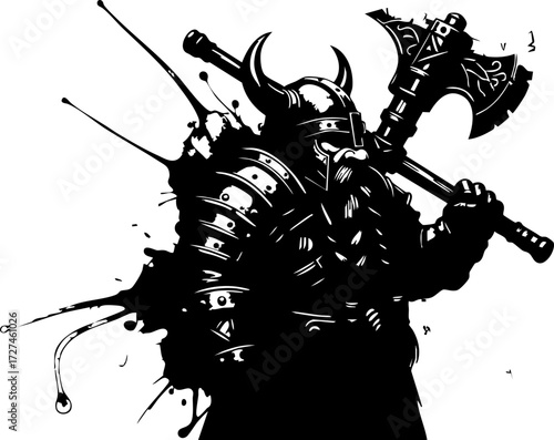 Foto Fierce Viking warrior with horned helmet and battle axe, exuding strength and power for epic fantasy or historical themes