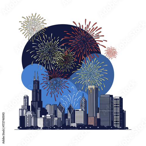 Chicago Skyline with Fireworks Vector Illustration Cityscape Celebration.