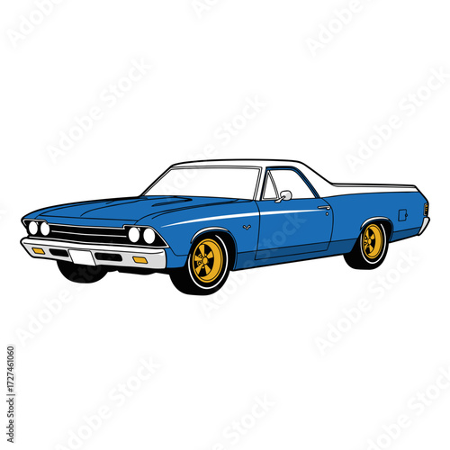Classic Blue El Camino Car with White Roof and Gold Wheels Illustration.