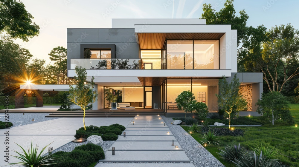 Fototapeta premium Modern house exterior evening