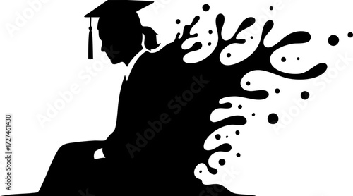 Tableau sur toile Graduation ceremony student silhouette dissolving into abstract shapes symbolizi