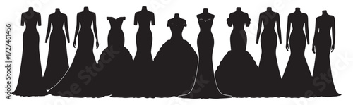 Silhouette of a row of diverse chess pieces including kings queens and pawns standing tall in a dark artistic illustration isolated on transparent background