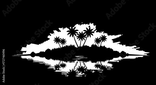 Photos Serene tropical island silhouette with reflection creates a peaceful, idyllic escape for your next design project
