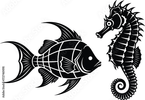 Stylized fish and seahorse vector illustration with geometric details, black and white marine design, artistic aquatic animal graphic artwork