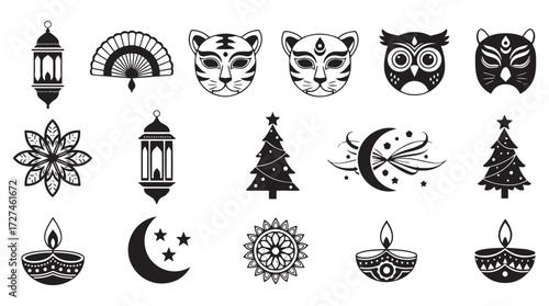 Collection of black and white graphic icons and symbols representing holidays and cultural motifs isolated on transparent background