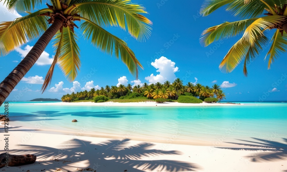 Obraz premium Turquoise water laps a white sand beach under a vibrant blue sky. Palm trees sway gently in the warm tropical breeze, creating a serene island paradise, sea, peaceful