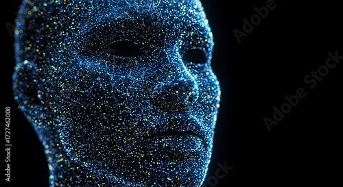 Digital face composed of glowing particles on black background