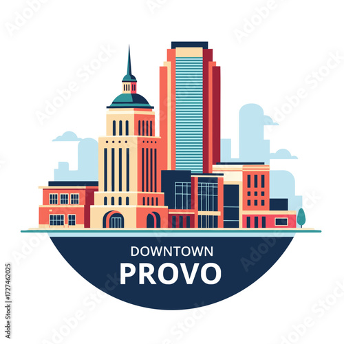Colorful Flat Illustration of Downtown Provo Cityscape.