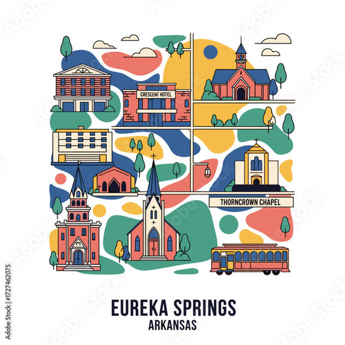 Colorful flat line art illustration of Eureka Springs Arkansas landmarks including hotels chapels and a trolley.