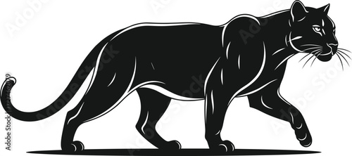 Stylized panther silhouette vector in walking pose, black and white illustration, muscular build, elegant wild cat, stealth and power