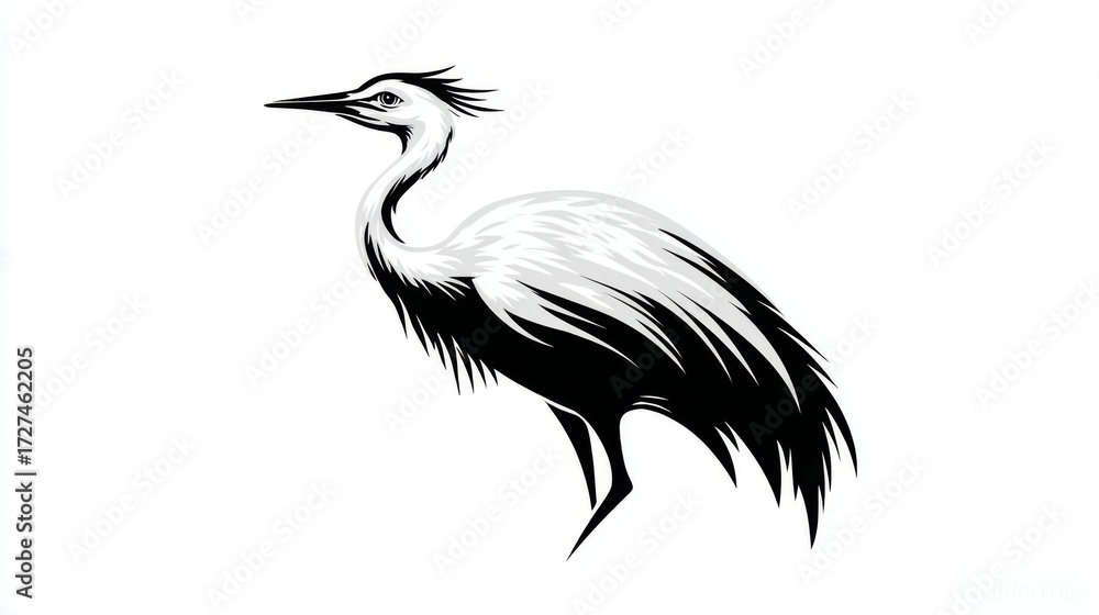 Obraz premium Stylized Illustration of a Heron, elegant black and white, representing nature and grace.