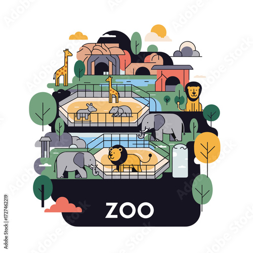 Colorful Illustrated Zoo Scene with Various Animals and Enclosures.