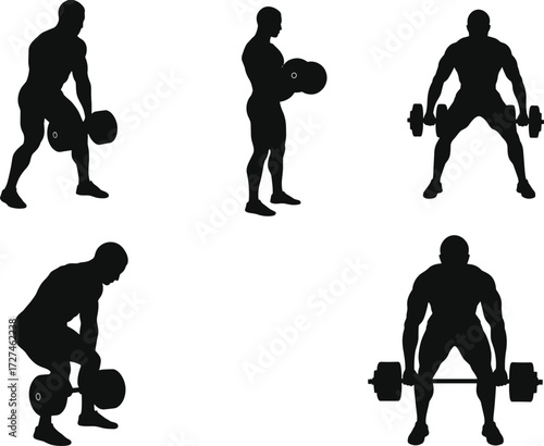 PrintBodybuilding silhouettes with dumbbell exercises, weightlifting poses, strength training illustration, fitness workout vector, muscular man gym design, powerlifting artwork