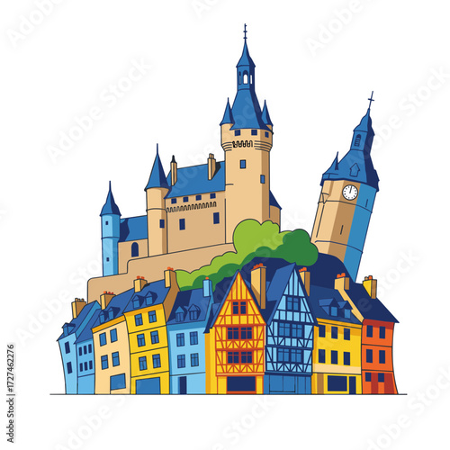 Colorful illustration of a European old town with a hilltop castle clock tower and halftimbered houses.