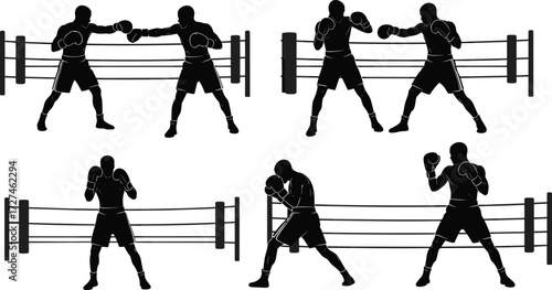 PrintBoxing ring silhouettes, fighters training, punch action, combat sport illustration, sparring match, defense technique, martial discipline, boxing stance, strength workout, competition vector