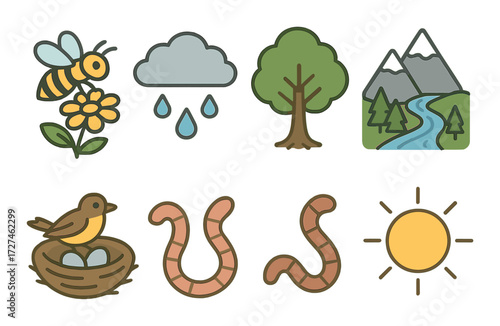 Nature icons: bee, raindrops, tree, mountains, bird, worms, sun