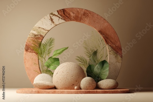 Minimalist display with eucalyptus, vase, and stones