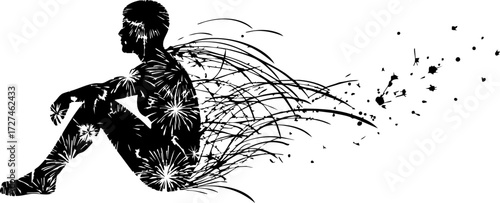 Fotografi Abstract human form dissolving into energetic lines and particles, symbolizing t