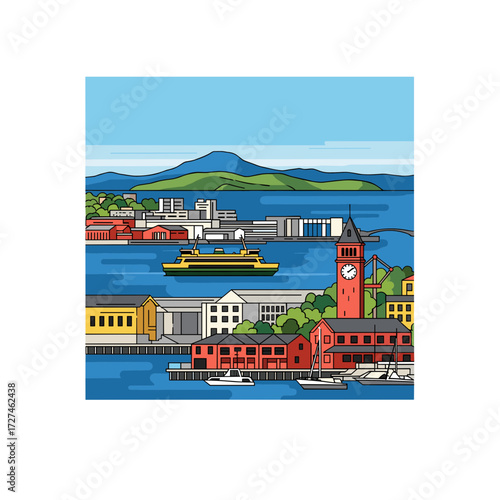 Colorful Line Art Illustration of a Coastal Cityscape with Ferry and Buildings.