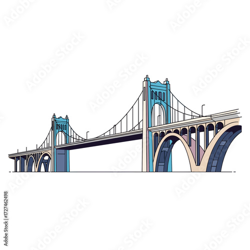 Colorful Line Art Illustration of a Suspension Bridge.