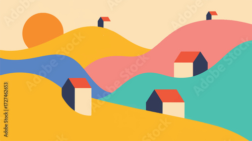 Vector art of abstract landscape with rolling hills, houses, and a setting sun