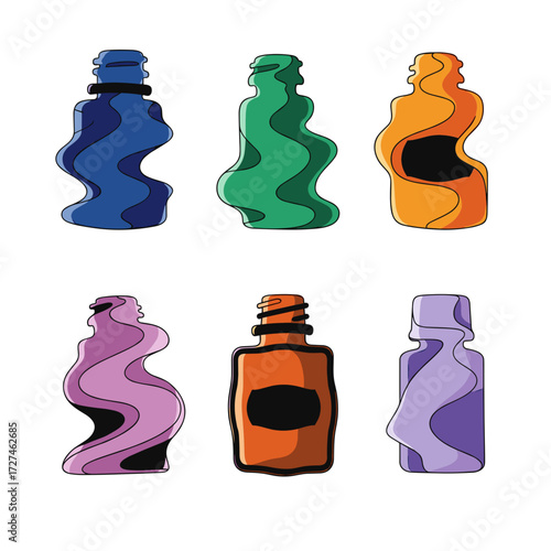 Colorful Nail Polish Bottles with Abstract Shapes and Black Outlines.