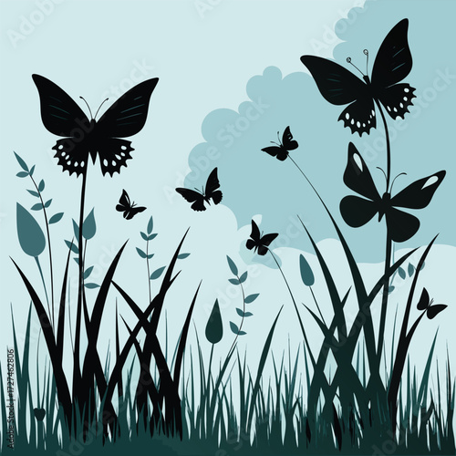 Silhouette of butterflies fluttering among tall grass and plants against a light blue sky background