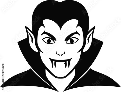 Vampire silhouette with sharp fangs, widow’s peak, pointed ears, high collar cape, gothic horror Halloween vector illustration for spooky design