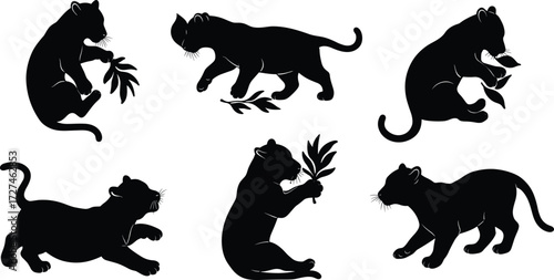 PrintCute baby panther cub silhouettes playing with tropical leaves, jungle wildlife animal vector design, adorable feline illustration, black panther artwork