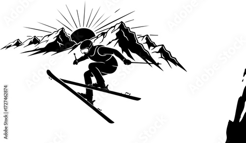 Quadro su tela Dynamic skier soars through crisp mountain air against a vibrant sunrise, capturing the thrill of winter adventure and extreme sports