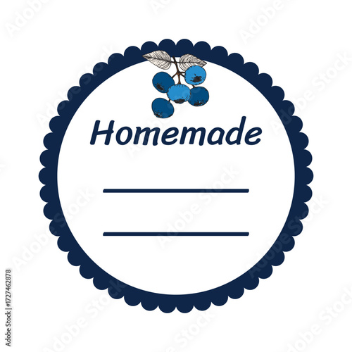 Template jam label design. Retro homemade label. Blueberry marmalade dessert product. Doodle vector illustration.