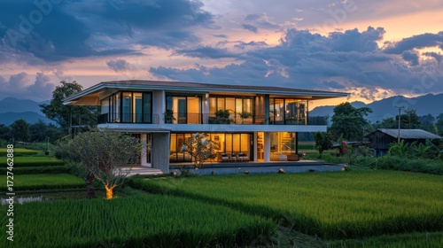 Modern house in rice paddy landscape