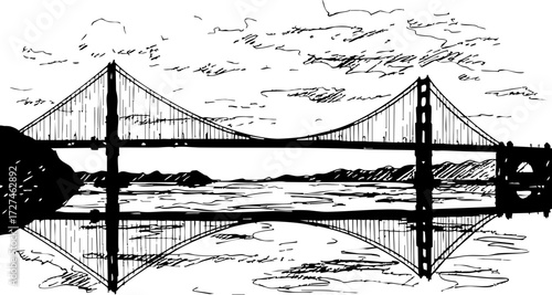 Photos Iconic Golden Gate Bridge sketch reflecting in calm water, capturing San Francisco's majestic landmark with artistic flair and timeless appeal