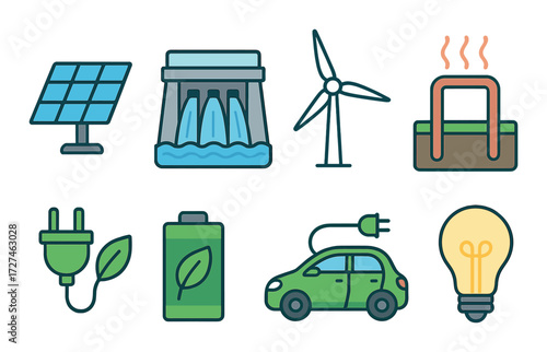 Sustainable energy icons featuring solar, hydro, wind, geothermal, electric car, and renewable power concepts