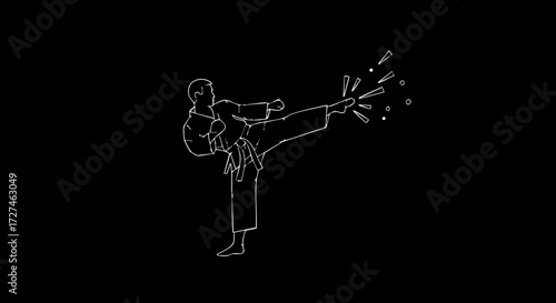 Dynamic karate fighter delivering powerful side kick with energetic motion lines, perfect for martial arts and sports promotion.