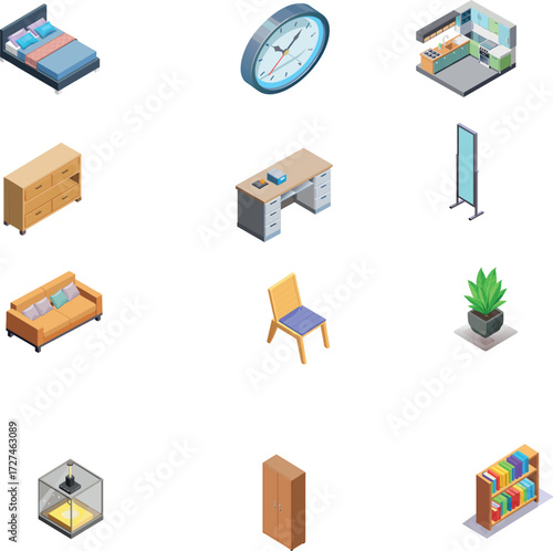 Isometric Home and Office Interior Furniture Icon Set