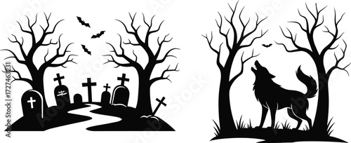 Spooky graveyard with bats, haunted trees, gravestones, and howling wolf silhouette, gothic Halloween night vector illustration for horror design