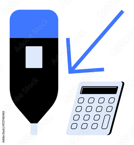 Pen tip with blue arrow pointing to a calculator representing financial planning, analysis, education, accounting, budgeting, strategy, and productivity. Simple flat metaphor