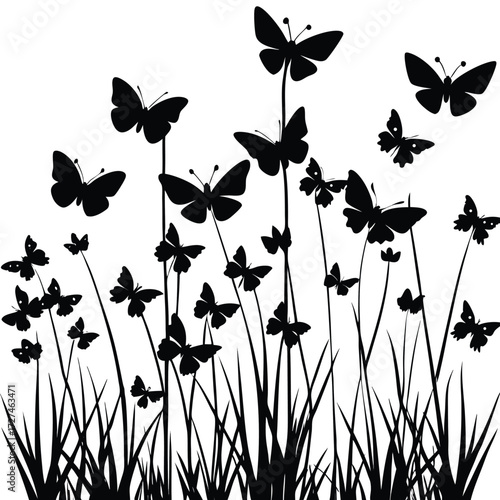 A multitude of butterflies fluttering above the grass, creating a vibrant and lively scene
