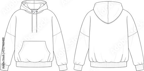 PrintHoodie template, pullover sweatshirt design, front pocket hoodie mockup, drawstring hood, casual fashion flat sketch, apparel technical illustration, clothing design