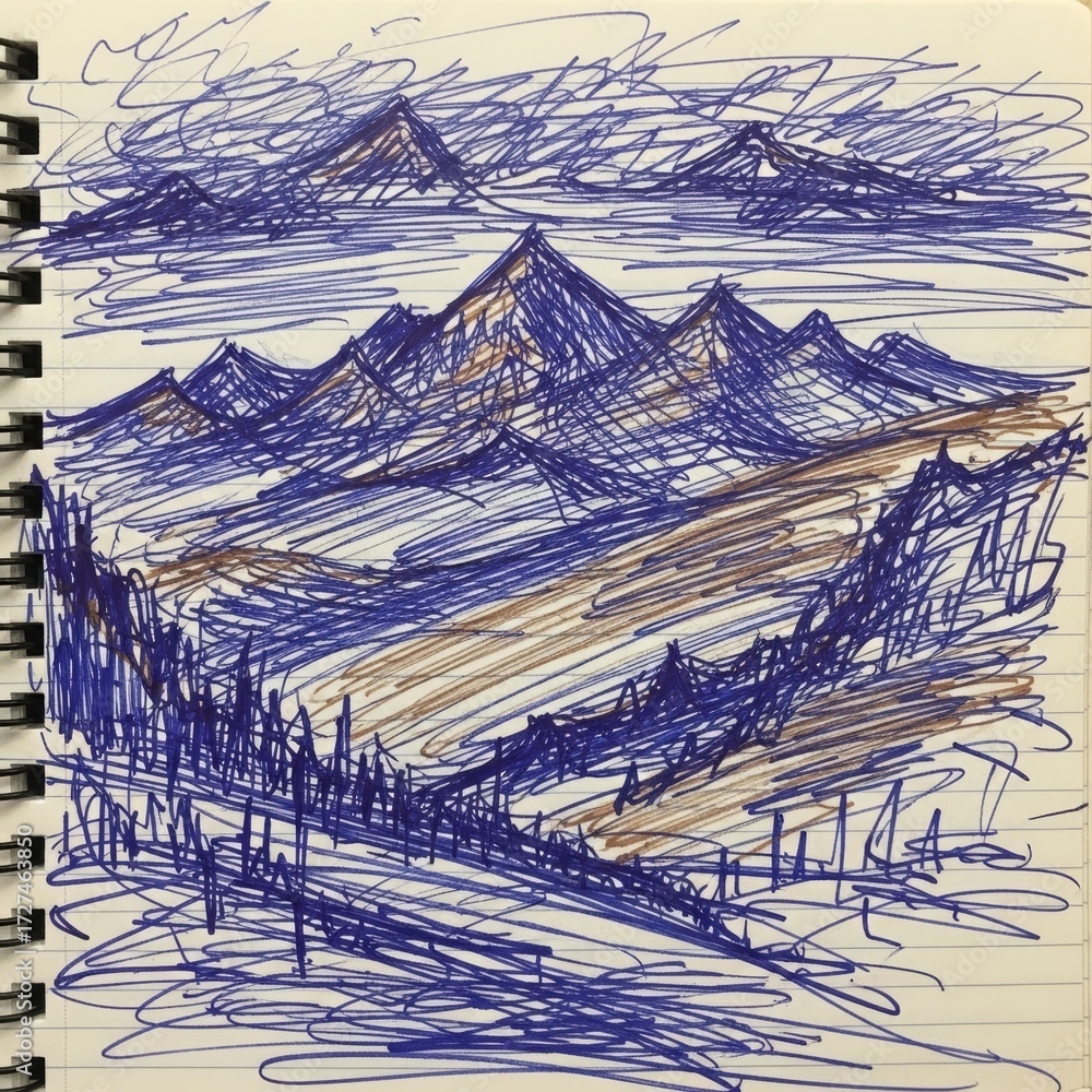 Fototapeta premium A pen sketch shows mountains in the background and hills in the foreground Lines also depict trees