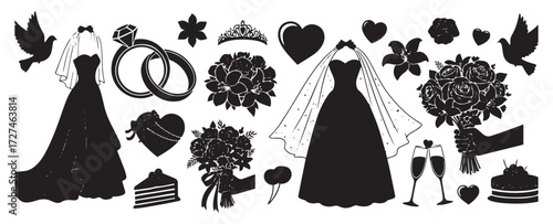 Collection of wedding elements silhouette including dresses rings bouquets hearts doves champagne glasses and cakes isolated on transparent background