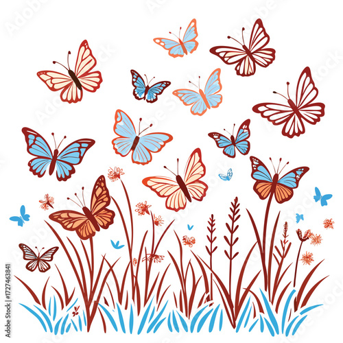 Colorful butterflies fluttering above the grass, creating a vibrant and lively scene
