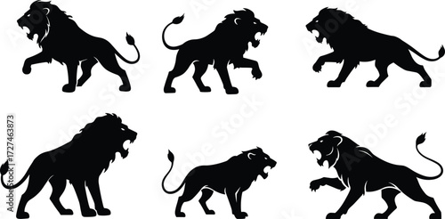 PrintLion silhouettes roaring and walking, powerful big cat vector illustration, wild jungle predator artwork, strong feline majestic design, animal silhouette drawing