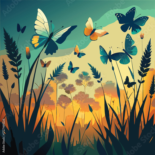 A colorful illustration of butterflies fluttering above grass against a sunset background in nature