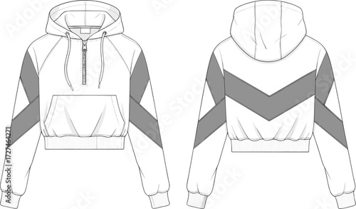 PrintModern cropped hoodie illustration, casual women’s fashion sweatshirt template, trendy pullover apparel design, stylish sportswear drawing, activewear clothing sketch for fashion