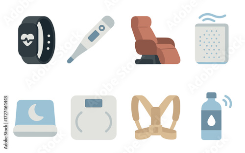 Smart home devices collection featuring fitness tracker, thermometer, massage chair, and air purifier